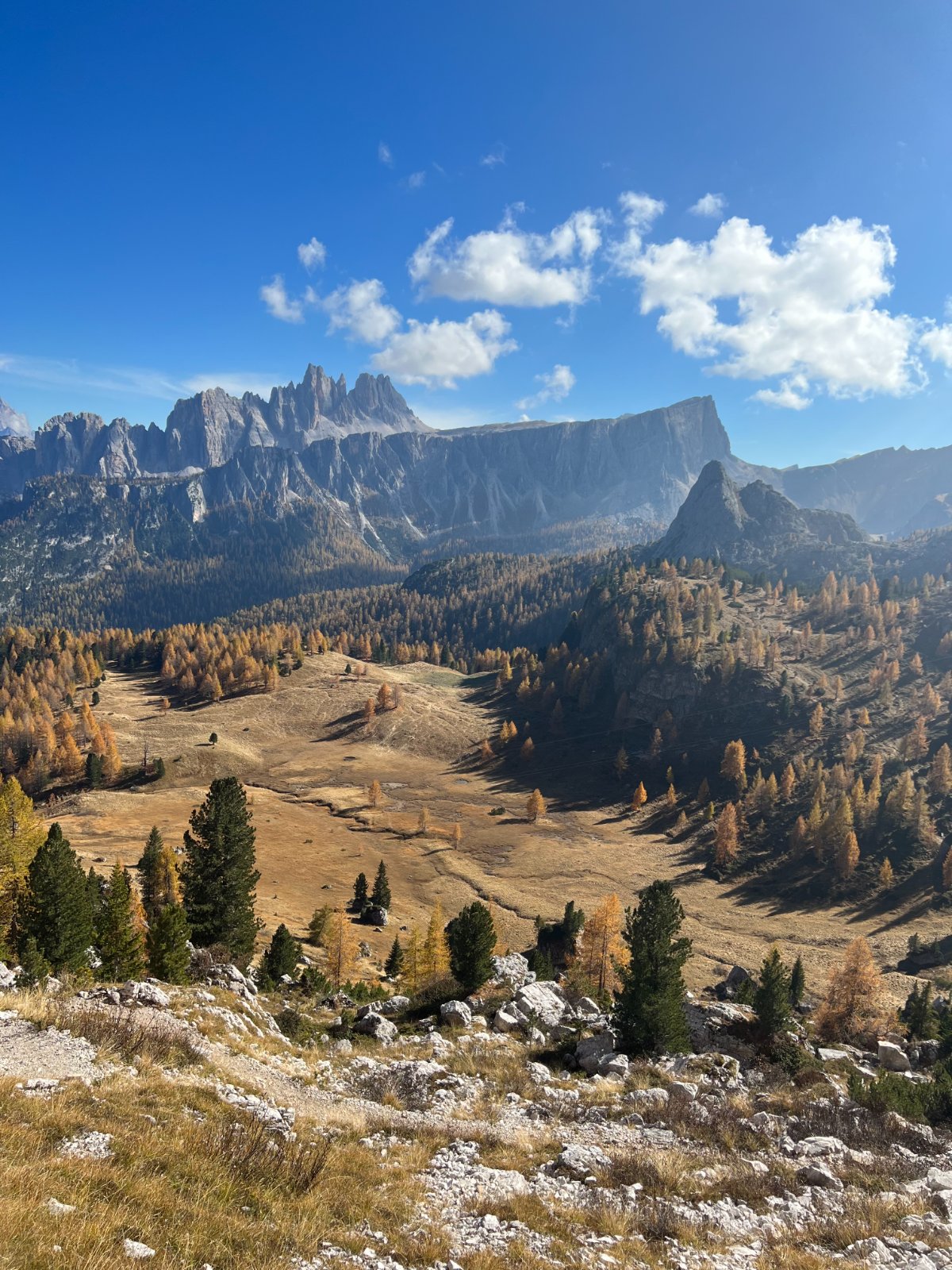 Dramatic Dolomite mountain peaks rising above autumn valley with golden larch trees